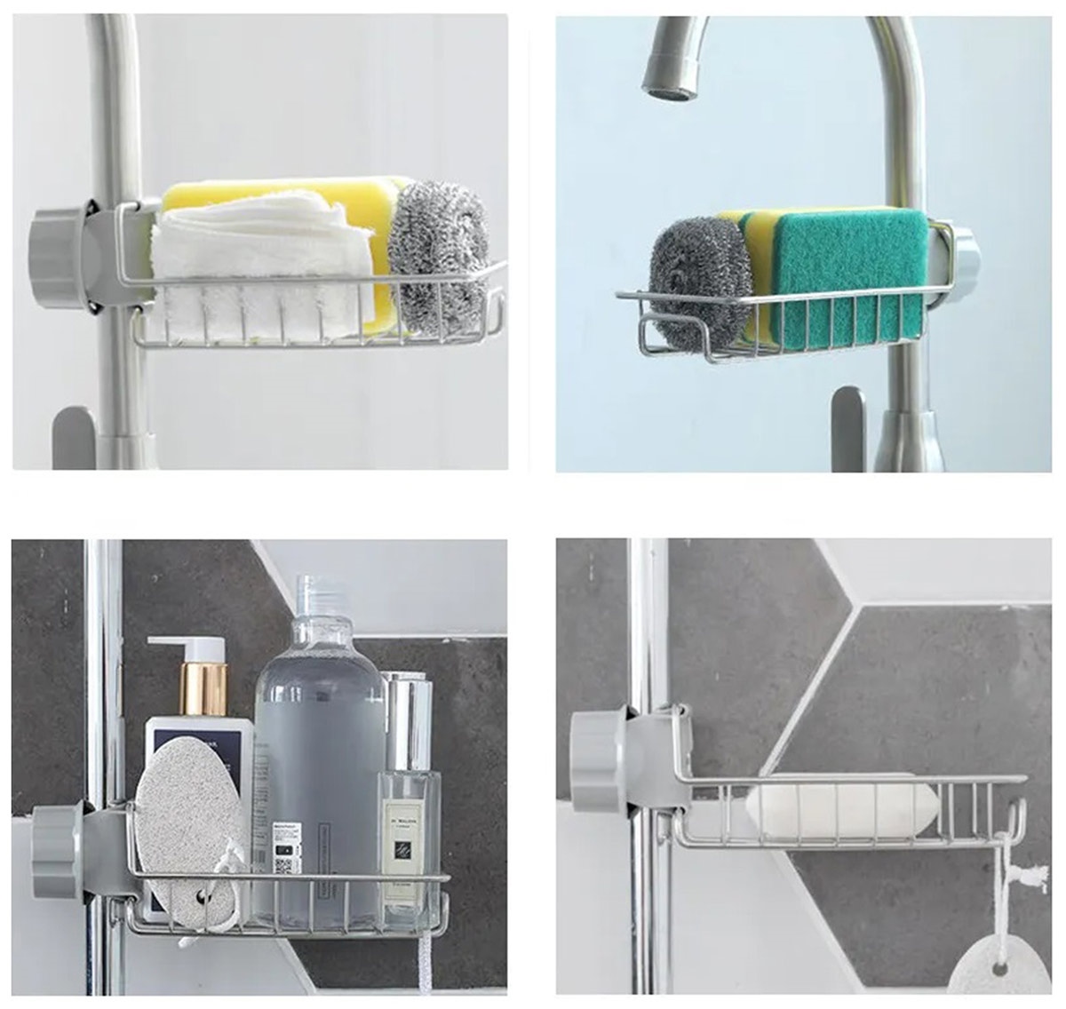 Raft organizator universal pentru bucatarie sau baie, montaj pe robinet, material otel, culoare Argintiu - imagine 6