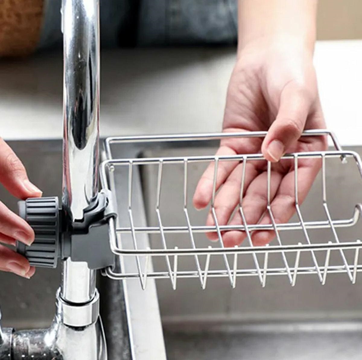 Raft organizator universal pentru bucatarie sau baie, montaj pe robinet, material otel, culoare Argintiu - imagine 2