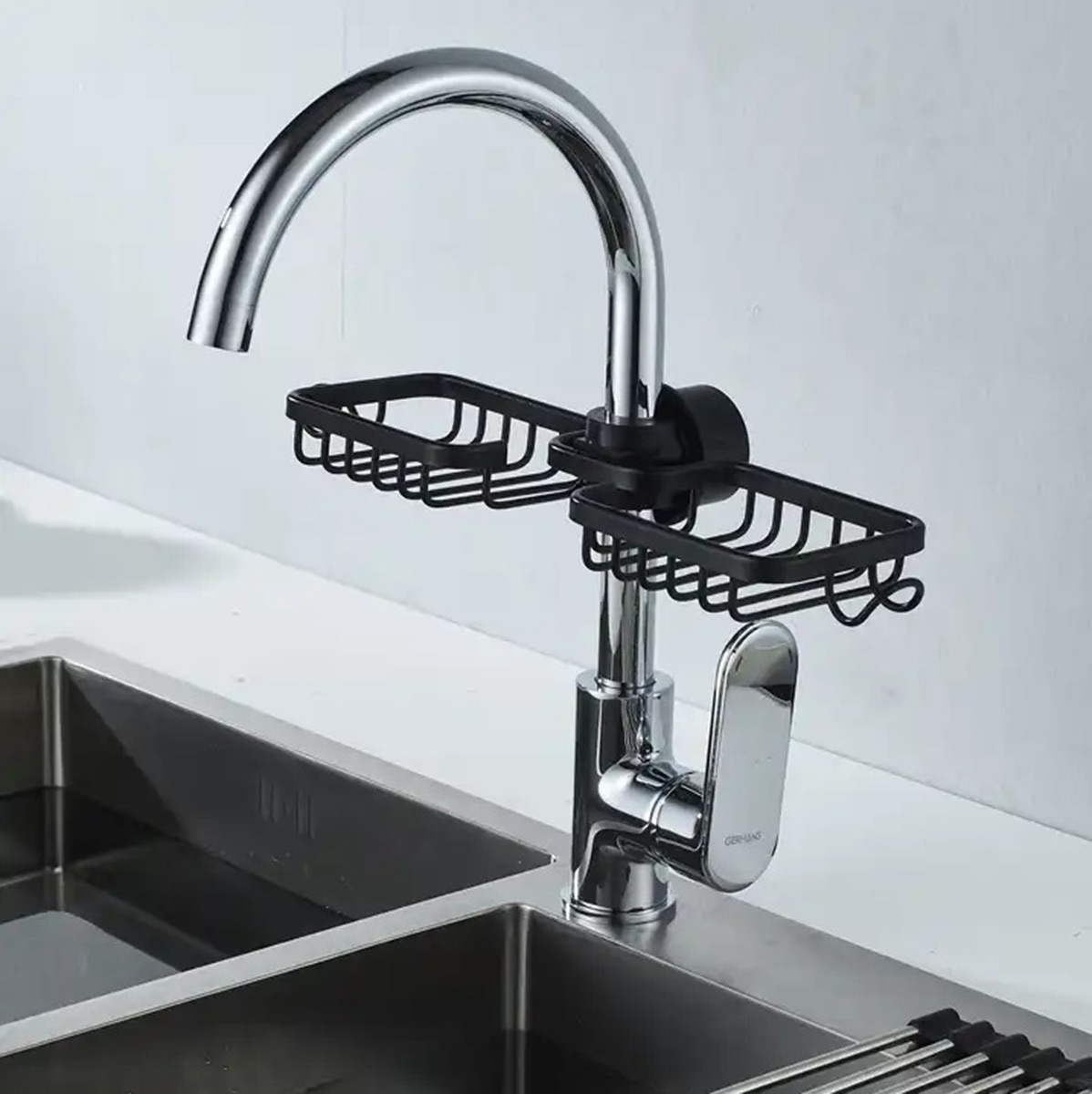 Raft organizator dublu, universal pentru bucatarie sau baie, montaj pe robinet, material otel, culoare Neagra - imagine 4