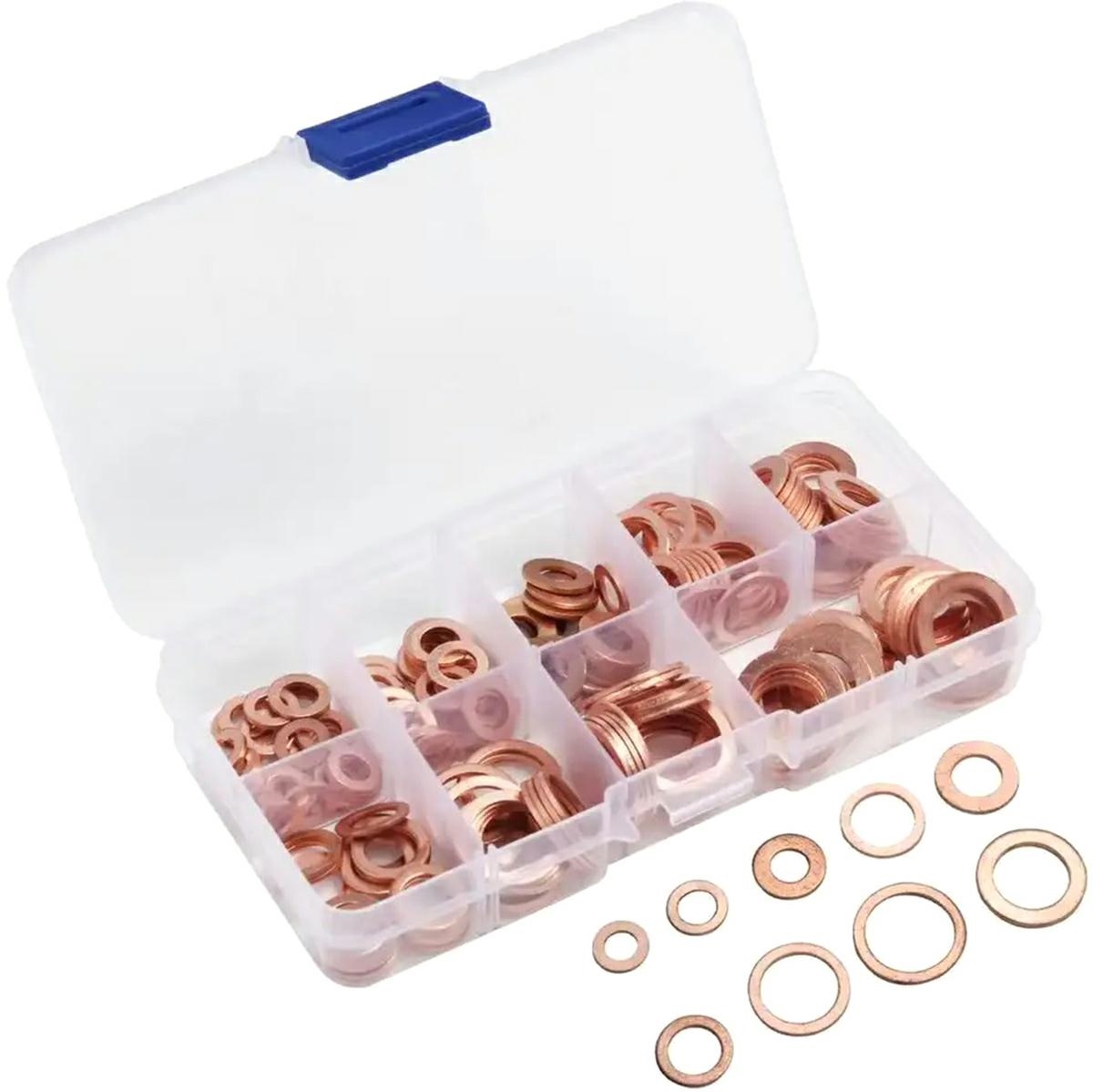 Set 200 de șaibe din cupru, 9 dimensiuni diferite, pentru buson baie de ulei sau alte reparatii - imagine 2