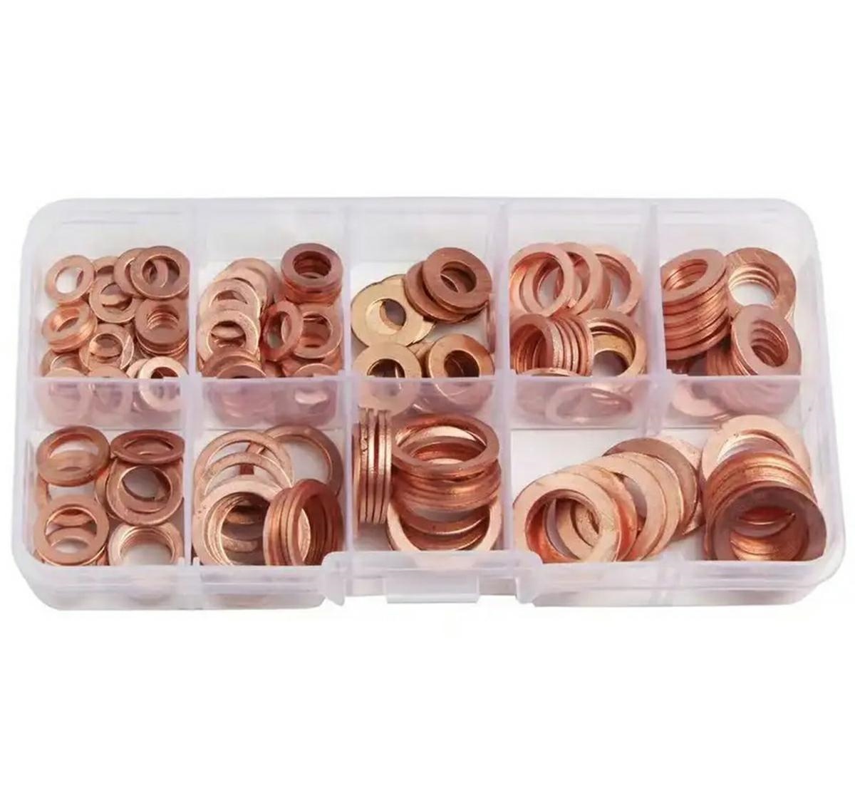 Set 200 de șaibe din cupru, 9 dimensiuni diferite, pentru buson baie de ulei sau alte reparatii - imagine 4