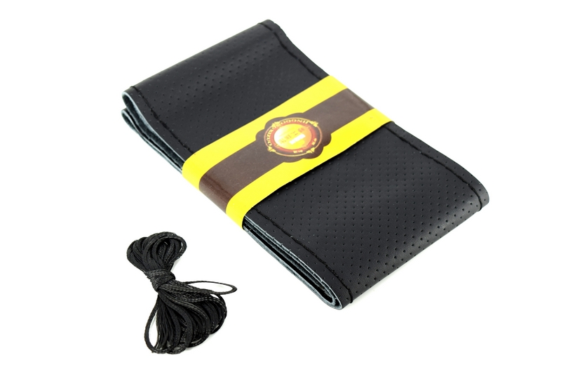 Husa volan din PIELE NEAGRA + ATA NEAGRA pentru CAMIOANE, diametru XXL - 45 cm,(se coase, aspect ORIGINAL) - imagine 3