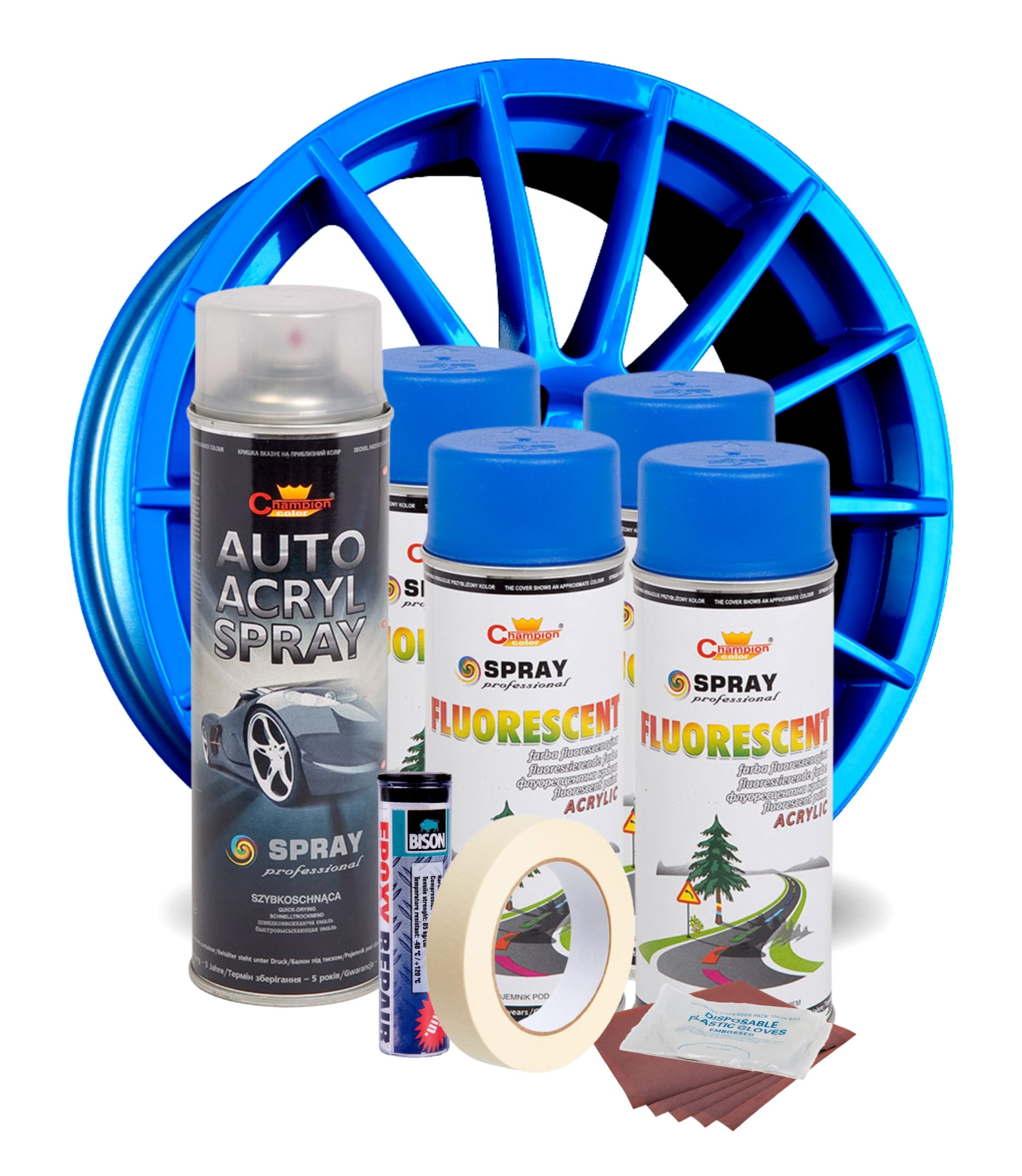 Kit complet reparatie si vopsire jante culoare Albastru Fluorescent, V4 - imagine 2