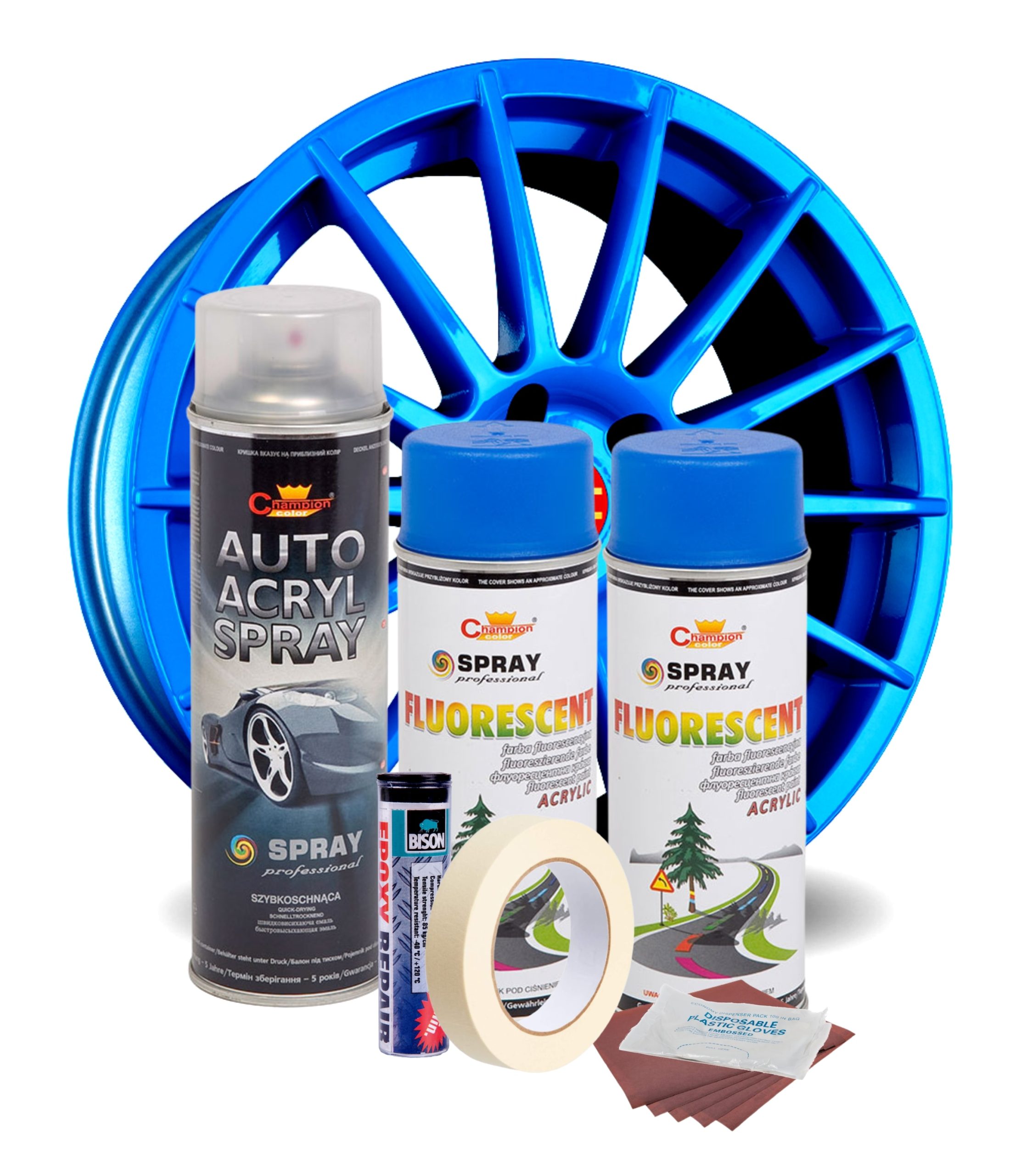 Kit complet reparatie si vopsire jante culoare Albastru Fluorescent, V2 - imagine 2