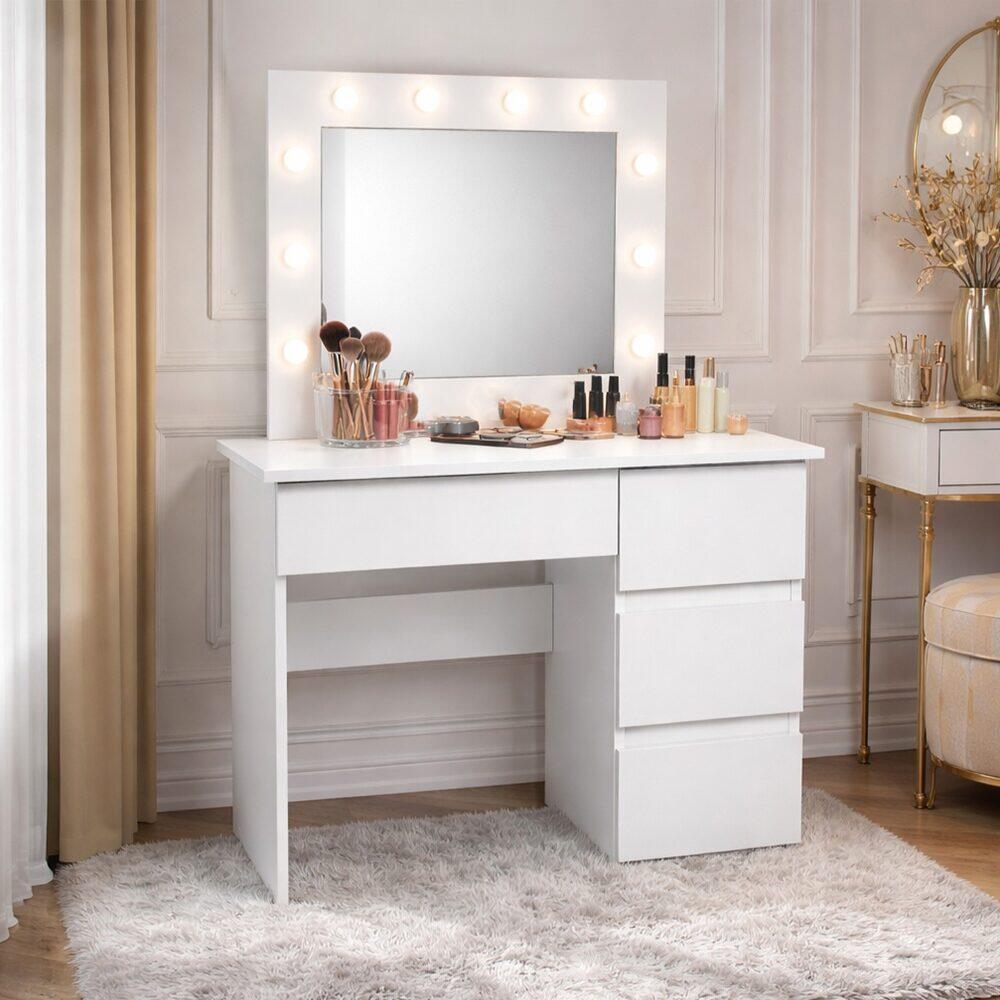 Masa de toaleta/machiaj, Irina + taburet, alb, cu oglinda si LED-uri, 94x43x141 cm - imagine 8
