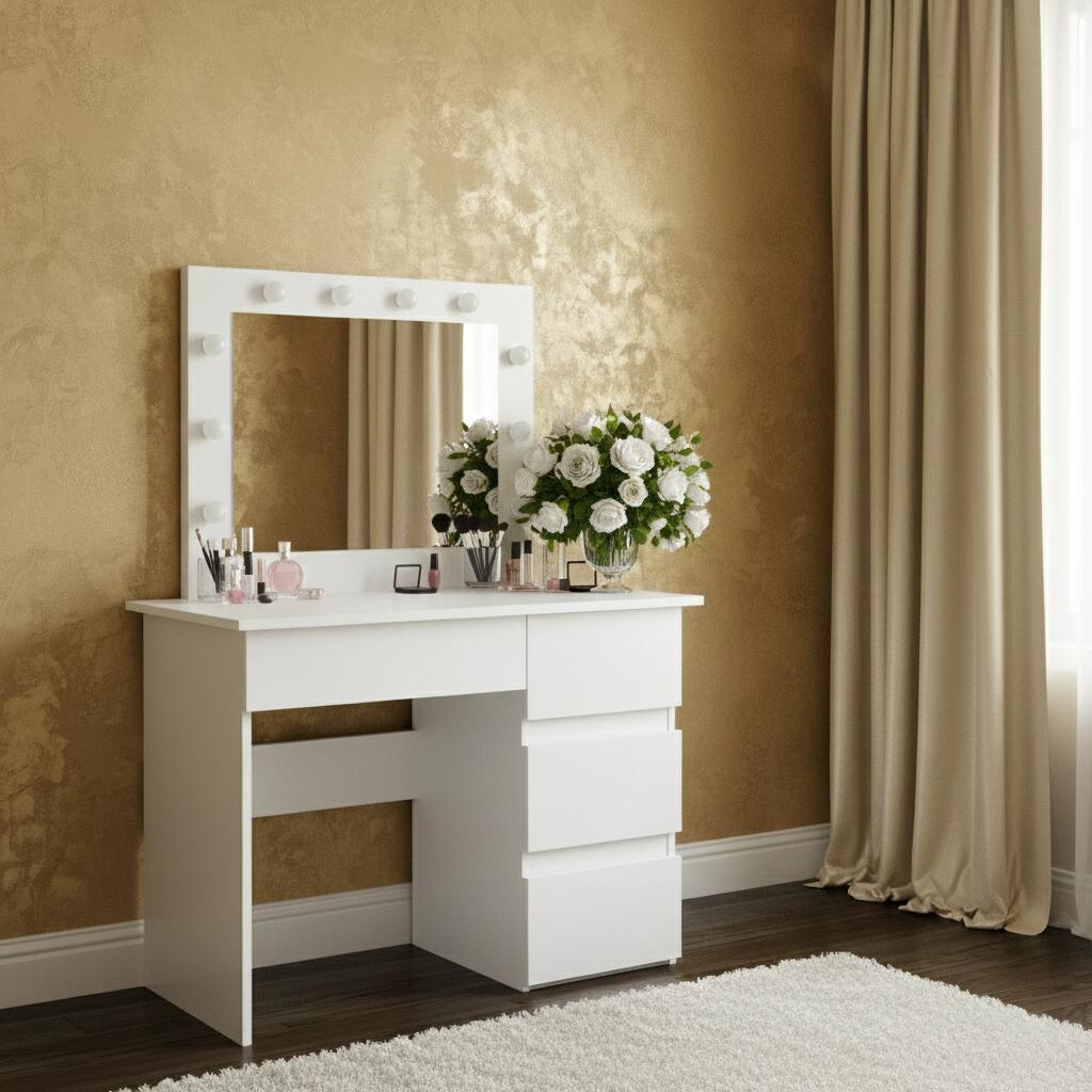 Masa de toaleta/machiaj, Irina + taburet, alb, cu oglinda si LED-uri, 94x43x141 cm - imagine 7