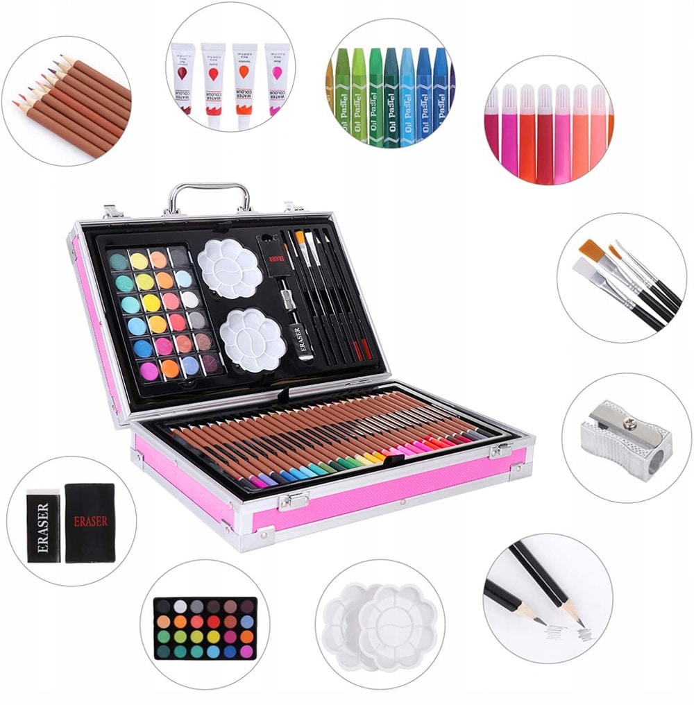 Set 145 piese pentru pictura, pentru copii sau adulti, pixuri de colorat, creioane colorate si vopsele de pictura, cu geanta de transport ROZ, model AVX-WT-BLAKE145 - imagine 4