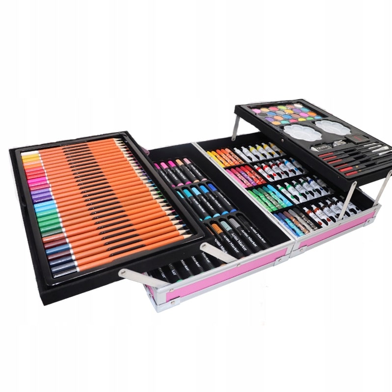 Set 145 piese pentru pictura, pentru copii sau adulti, pixuri de colorat, creioane colorate si vopsele de pictura, cu geanta de transport ROZ, model AVX-WT-BLAKE145 - imagine 3