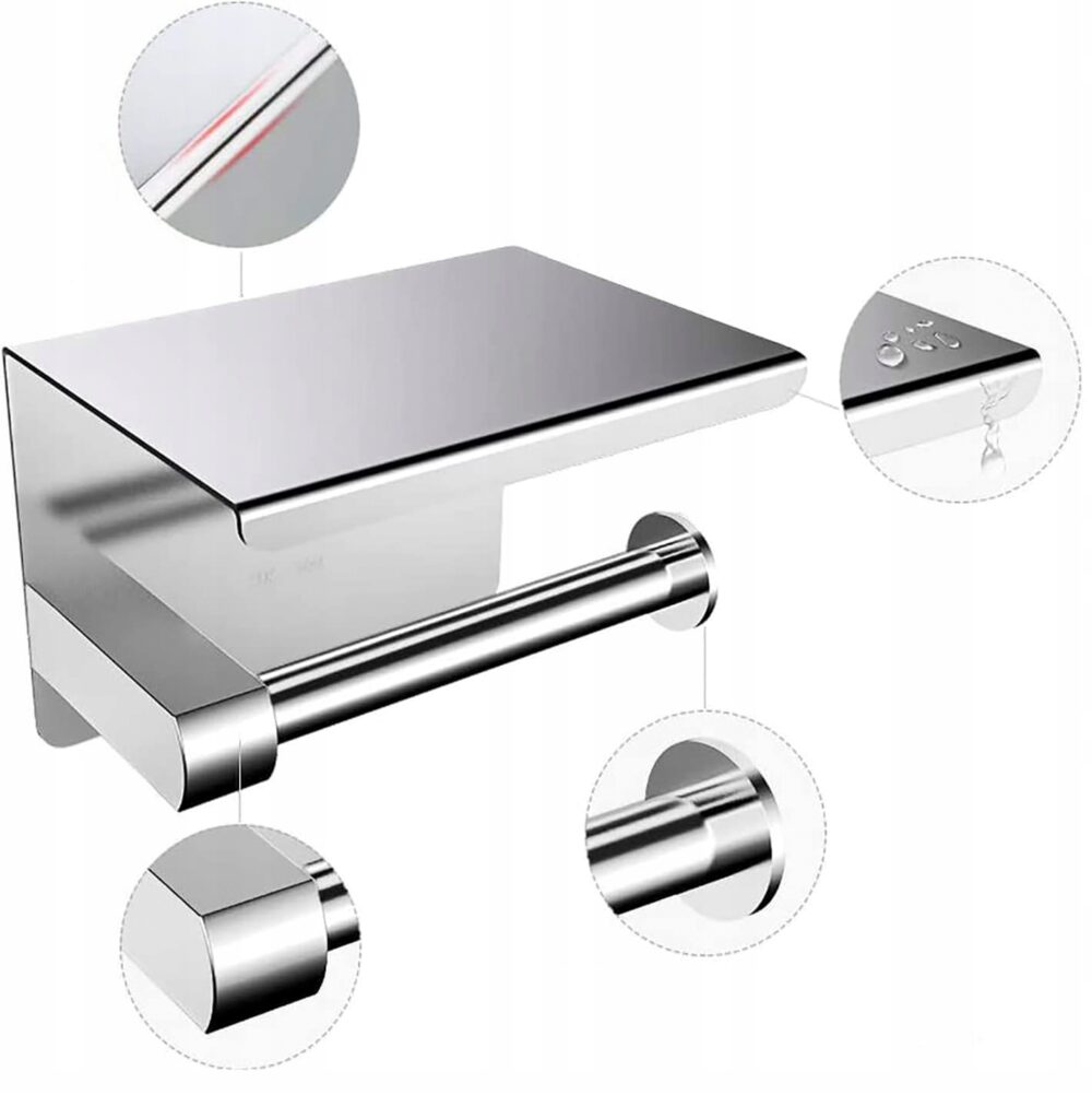 Suport metalic pentru hartie igienica cu raft pentru telefon, finisaj Crom - imagine 4