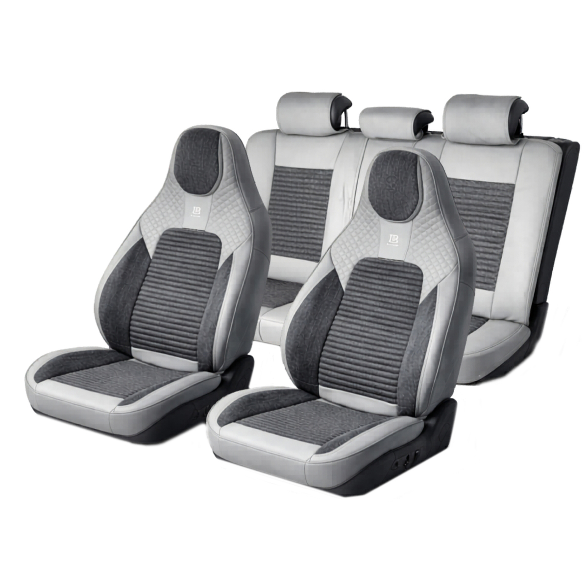 Set huse scaune auto Premium, model BLAZE Elite, design Sportiv, universale, ergonomice, Piele Ecologica cu insertii textile, culoare Gri/Crem