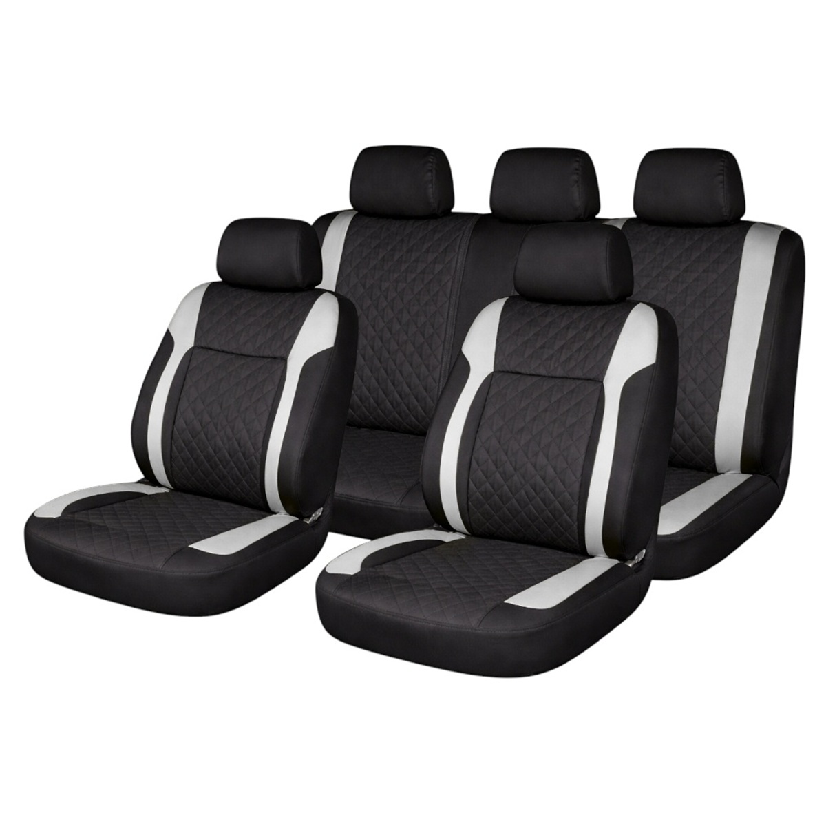 Set huse scaune auto Premium, model DIAMOND Core, design Sportiv, universale, ergonomice, Piele Ecologica Matlasata, culoare Negru/Gri