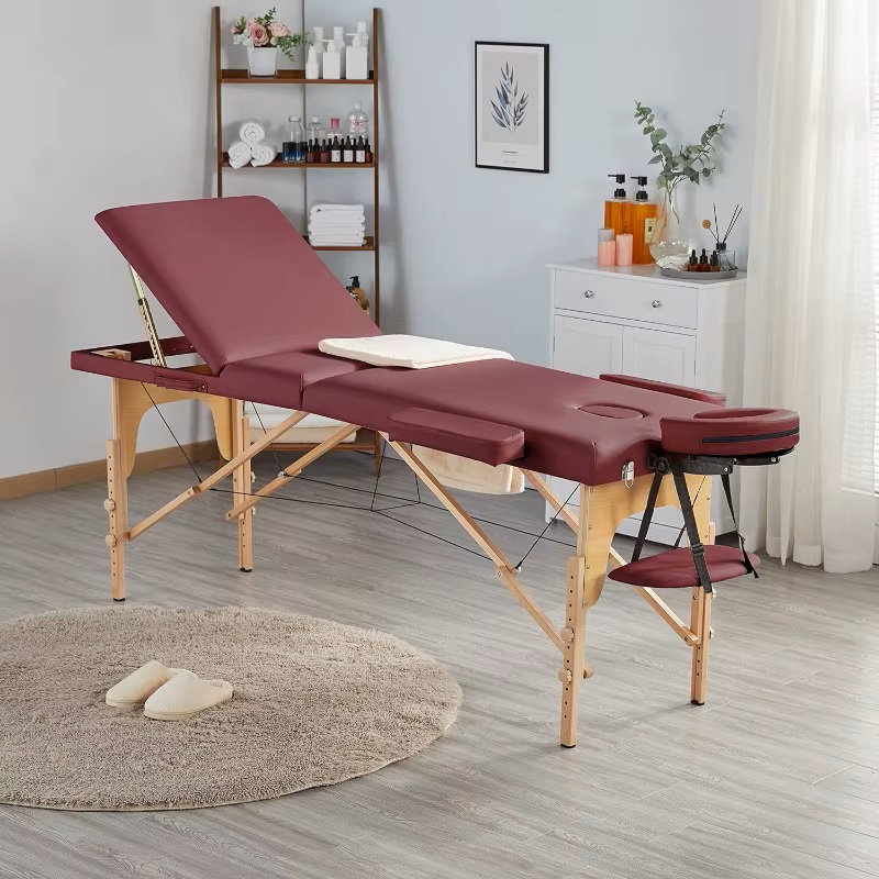 Masa de masaj pliabila, 3 zone, cadru lemn, spuma 5cm, inaltime 55-76cm, piele ecologica, dimensiuni 60x213cm, culoare Burgundy